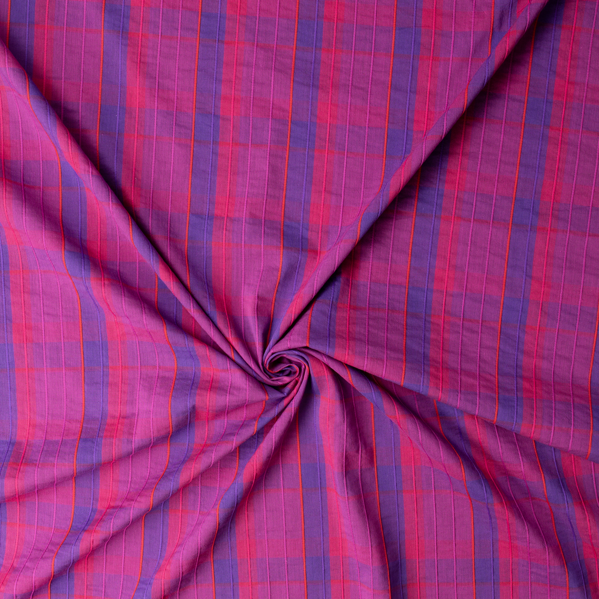 Magenta, Red, and Purple Plaid  Italian Texture Striped Stretch Lightweight Cotton Woven #32301 Fabric By The Yard - Wide shot