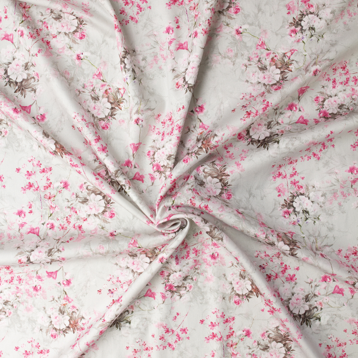 Pink Blossom Branches on Silver Shirtweight Cotton Sateen #32322 Fabric By The Yard - Wide shot