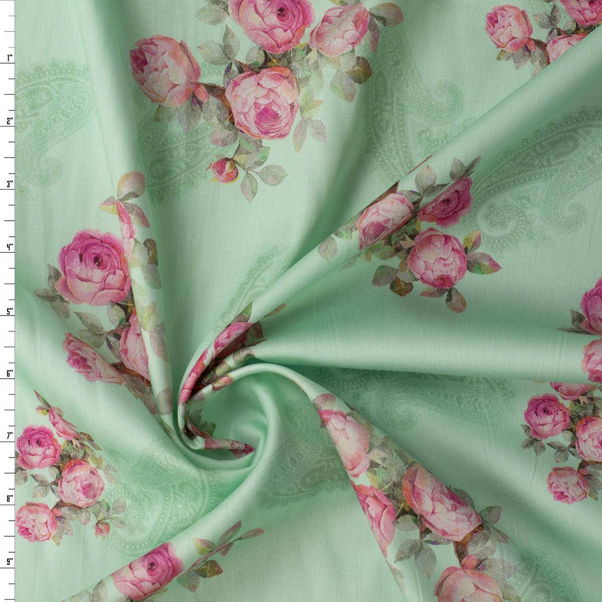 Pink Cabbage Rose Paisley on Mint Shirtweight Cotton Sateen #32325 Fabric By The Yard