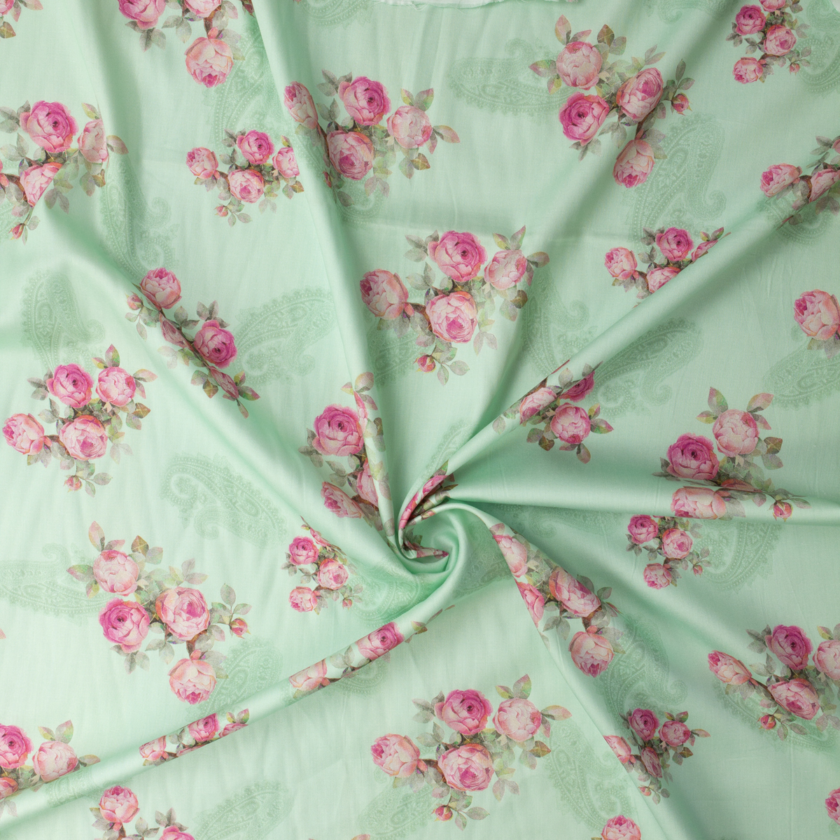 Pink Cabbage Rose Paisley on Mint Shirtweight Cotton Sateen #32325 Fabric By The Yard - Wide shot
