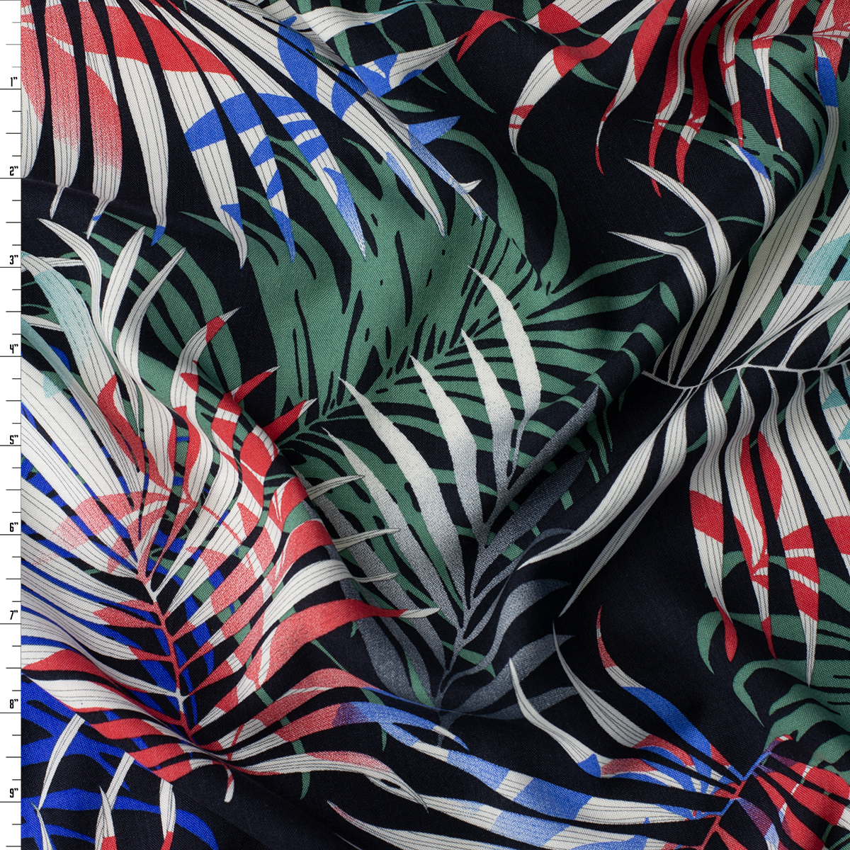 Colorful Layered Fronds on Black Rayon Challis #32329 Fabric By The Yard