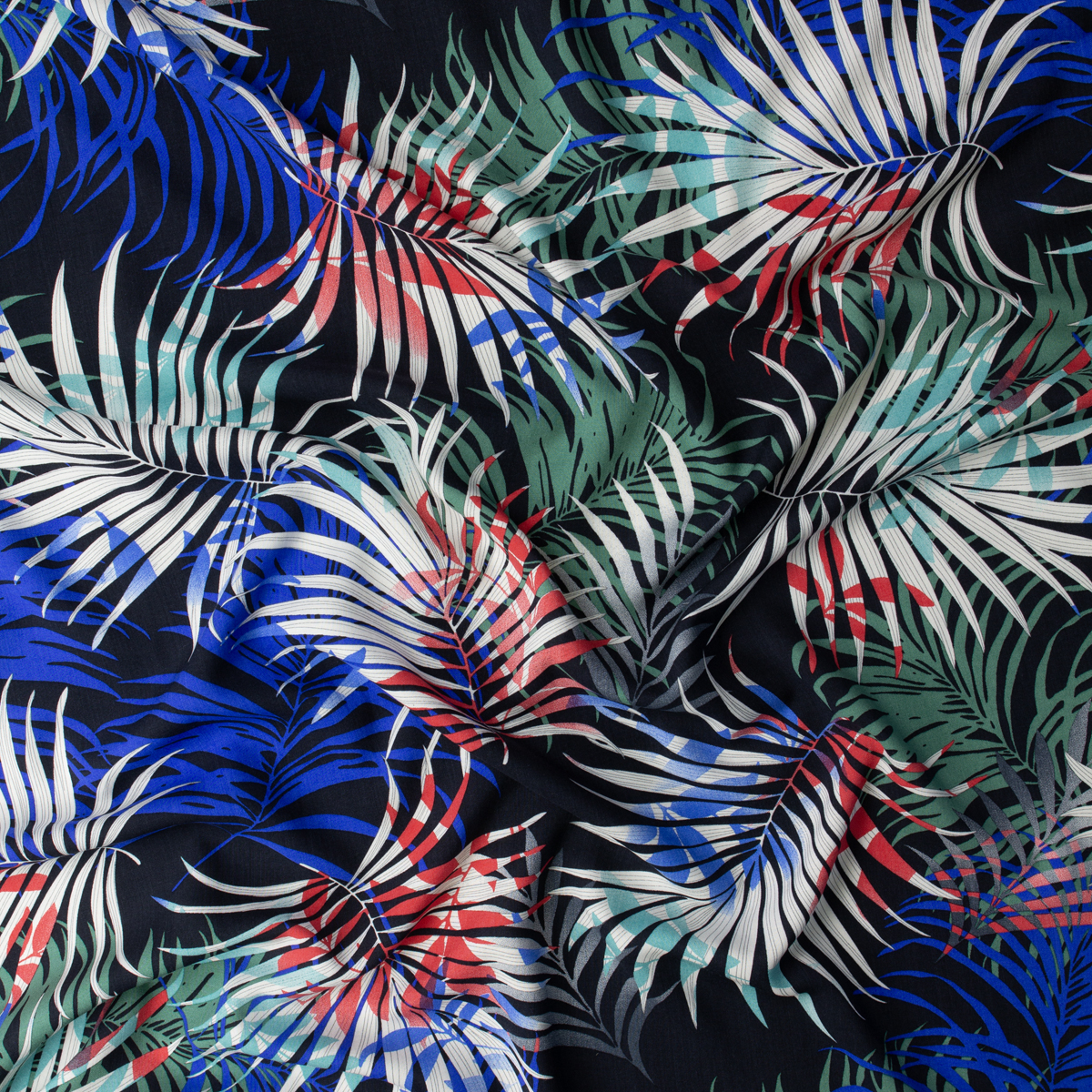 Colorful Layered Fronds on Black Rayon Challis #32329 Fabric By The Yard - Wide shot