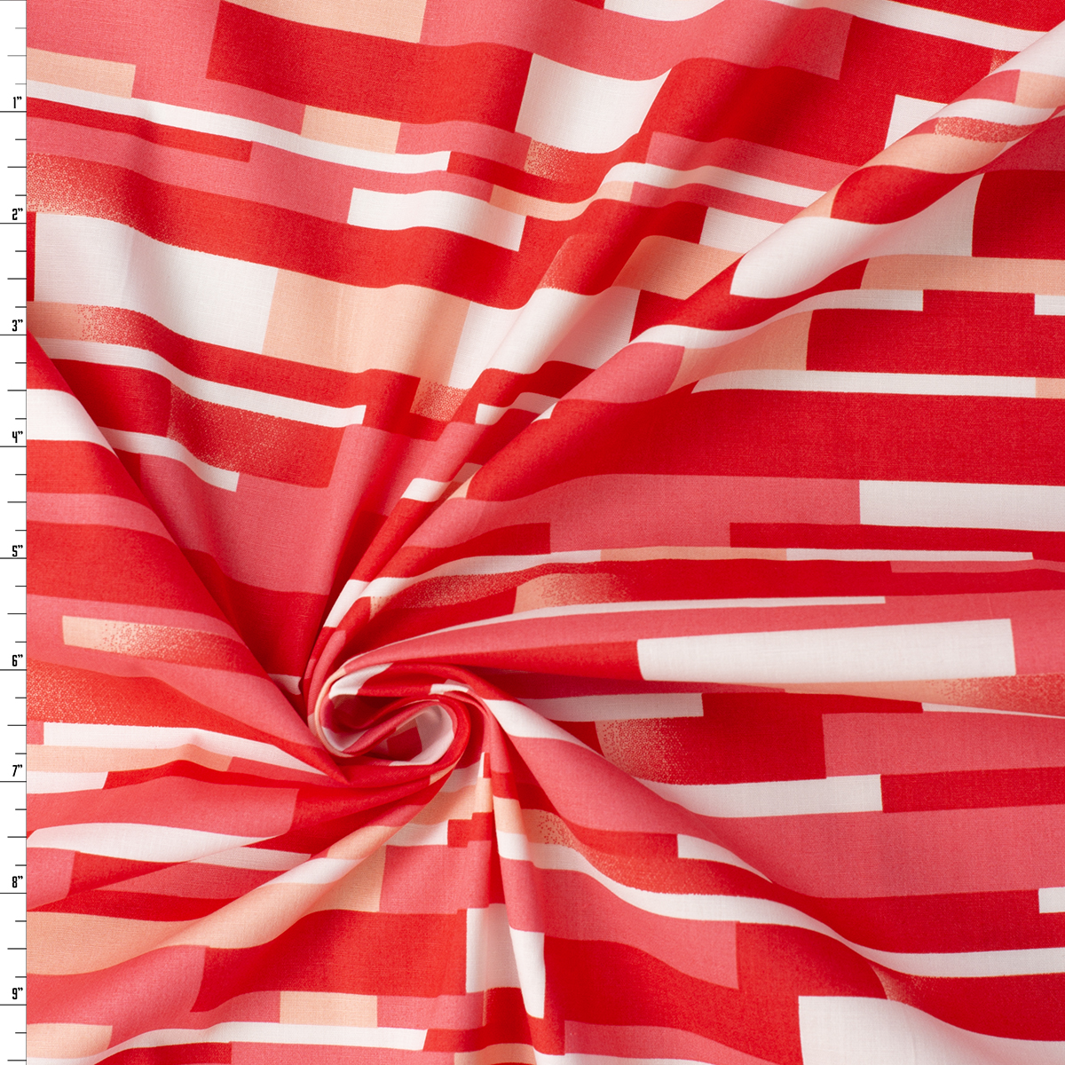 Red, Coral, and Peach Layered Geometric Stretch Cotton Poplin #32341 Fabric By The Yard