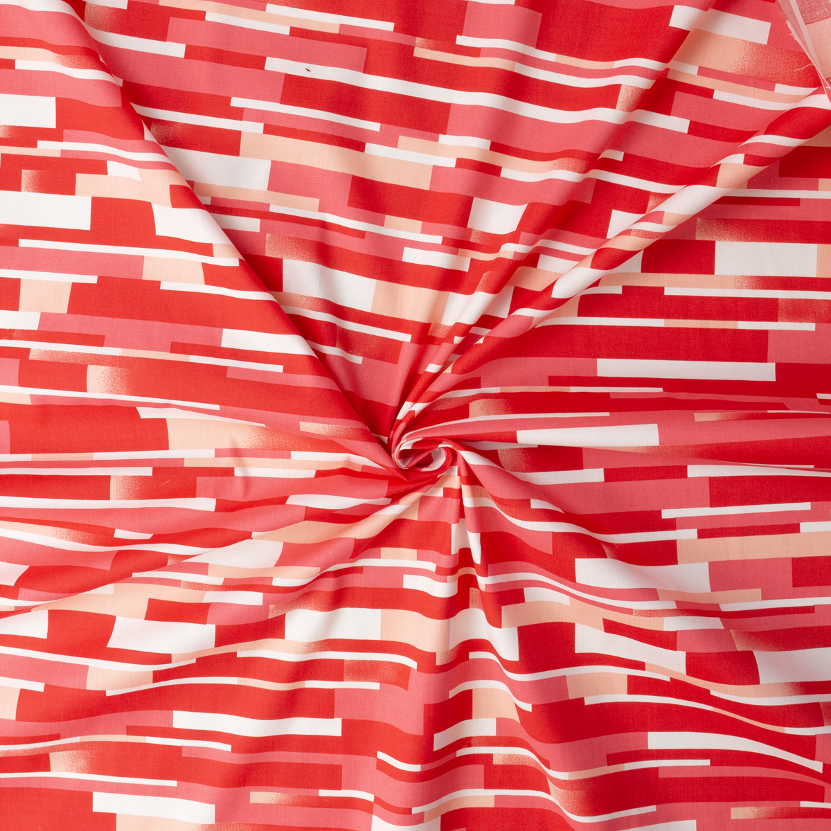 Red, Coral, and Peach Layered Geometric Stretch Cotton Poplin #32341 Fabric By The Yard - Wide shot