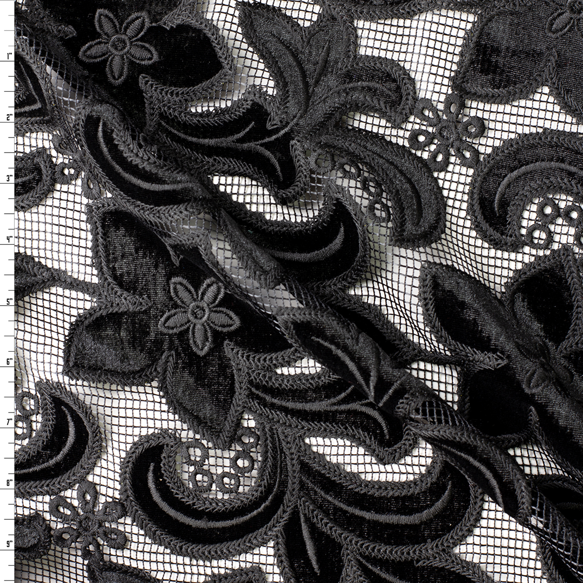 Black Swirling Floral Floral Chenille Corded Mesh Lace #32352 Fabric By The Yard