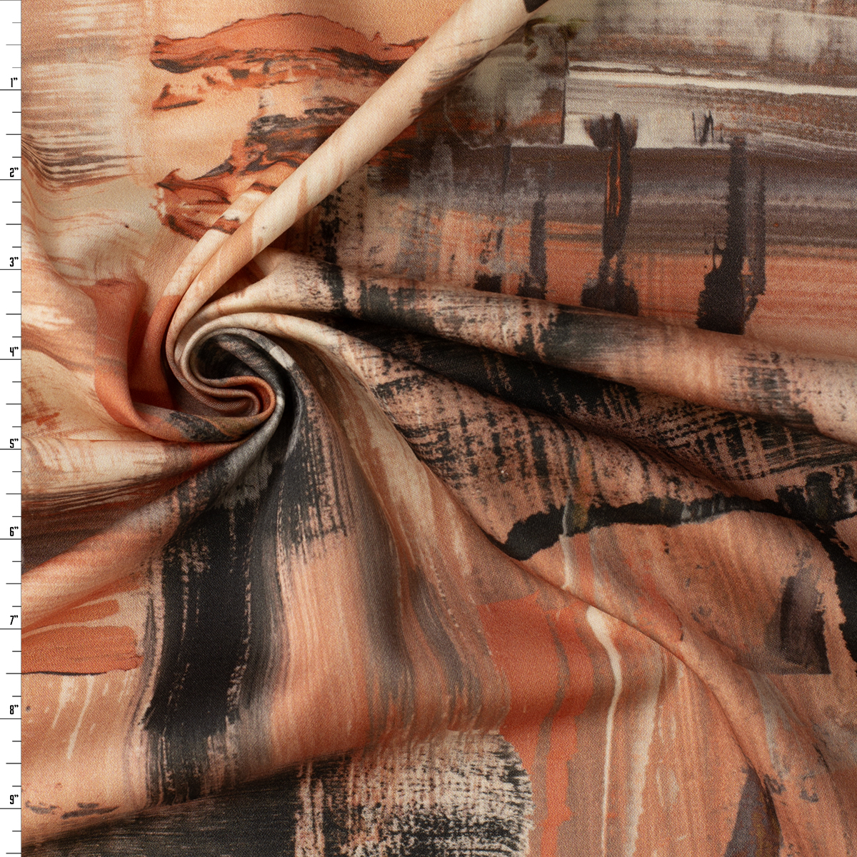 Peach, Rust, and Charcoal Abstract Brushstroke Stretch Cotton Sateen #32360 Fabric By The Yard