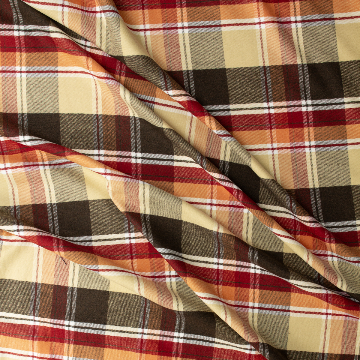 Scarlet, Brown, and Cream Tartan Plaid Twill Weave Single Nap Cotton Flannel #32366 Fabric By The Yard - Wide shot