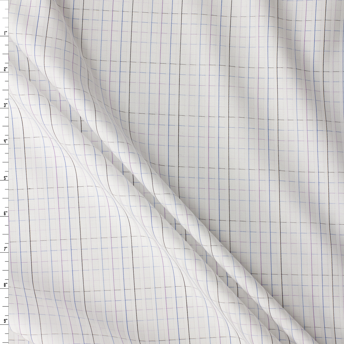 Black, Blue, Lilac, and Lavender Windowpane Plaid Satin Striped Italian Cotton Shirting #32380 Fabric By The Yard