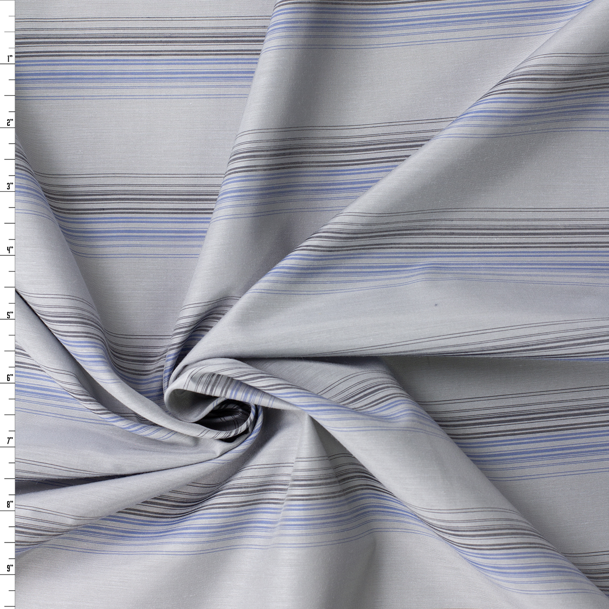 Blue and Black Horizontal Barcode Stripe on Silver Cupro Lawn #32384 Fabric By The Yard