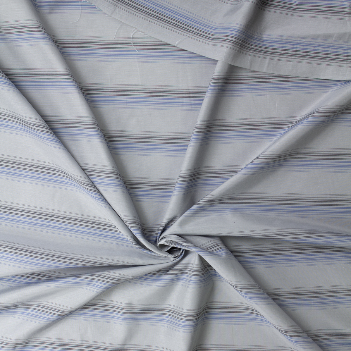 Blue and Black Horizontal Barcode Stripe on Silver Cupro Lawn #32384 Fabric By The Yard - Wide shot
