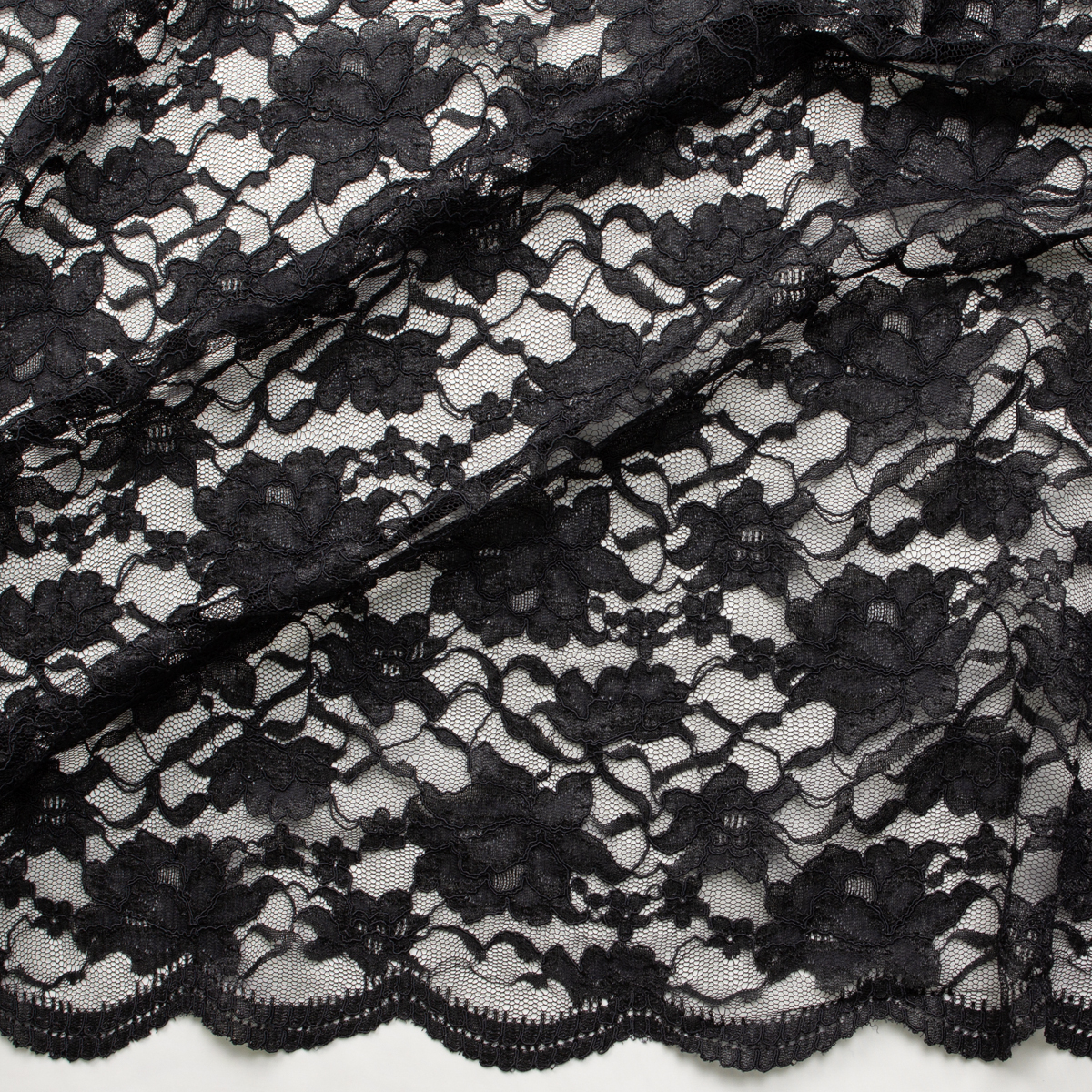 Black Floral Reimbroidered Lace #32385 Fabric By The Yard - Wide shot