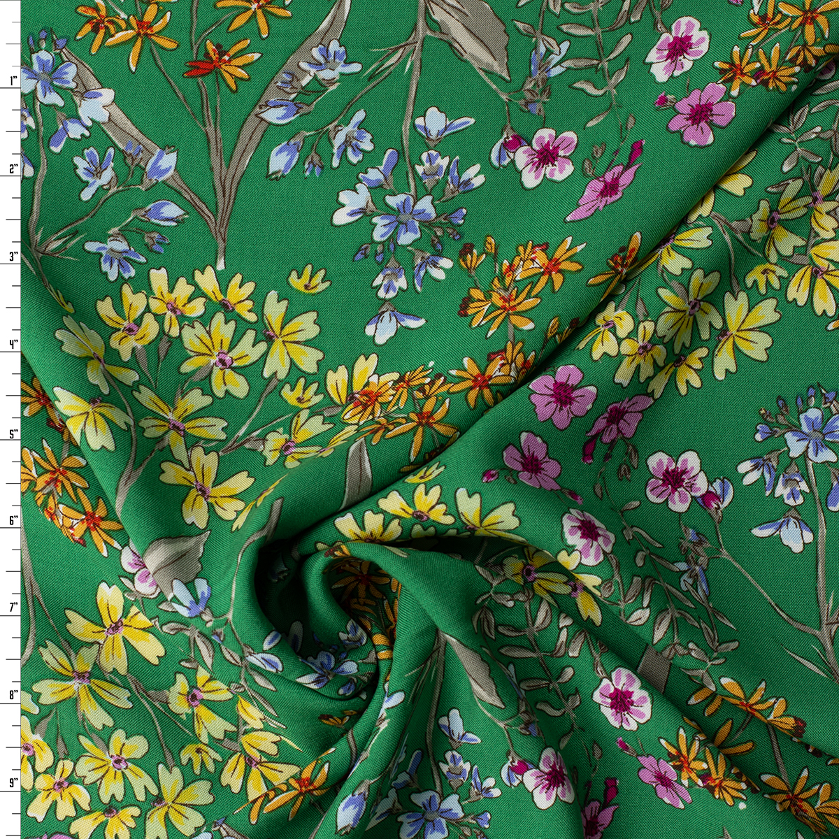 Wildflower Floral on Green Rayon Challis #32389 Fabric By The Yard