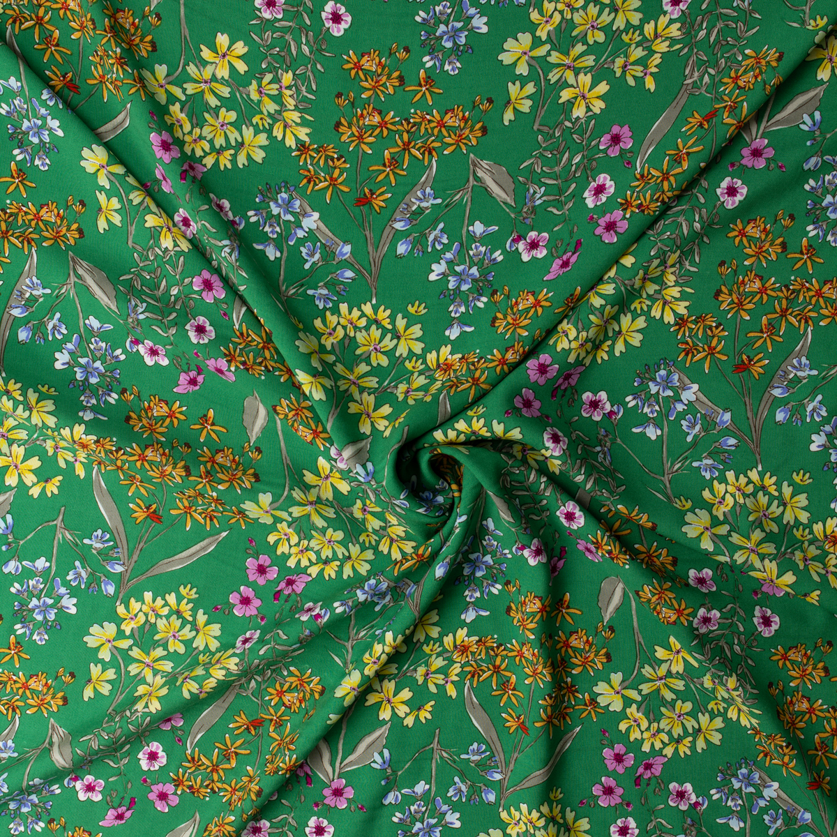 Wildflower Floral on Green Rayon Challis #32389 Fabric By The Yard - Wide shot
