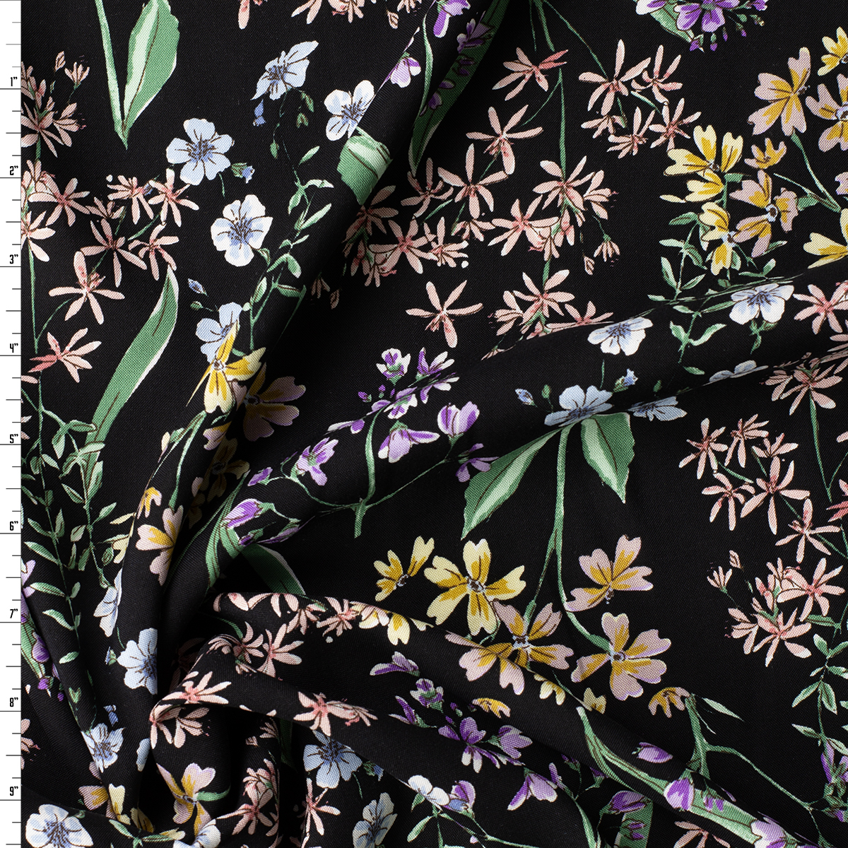 Wildflower Floral on Black Rayon Challis #32390 Fabric By The Yard