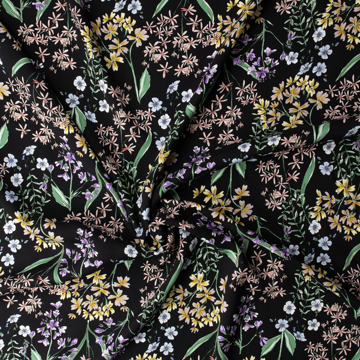 Wildflower Floral on Black Rayon Challis #32390 Fabric By The Yard - Wide shot