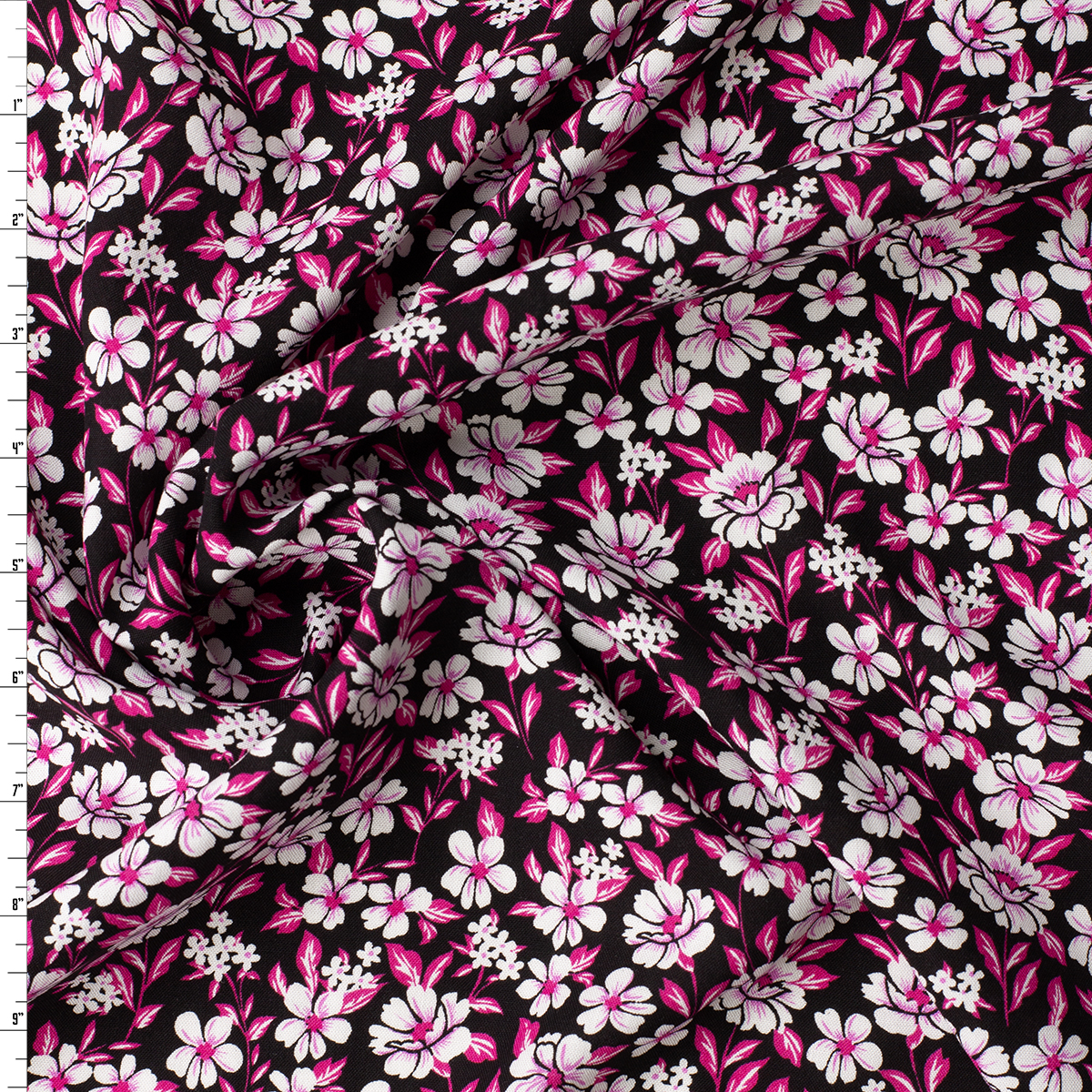 Hot Pink and White Floral on Black Rayon Challis #32391 Fabric By The Yard