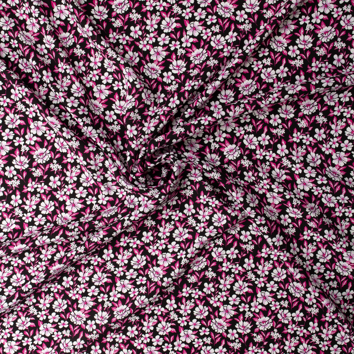 Hot Pink and White Floral on Black Rayon Challis #32391 Fabric By The Yard - Wide shot