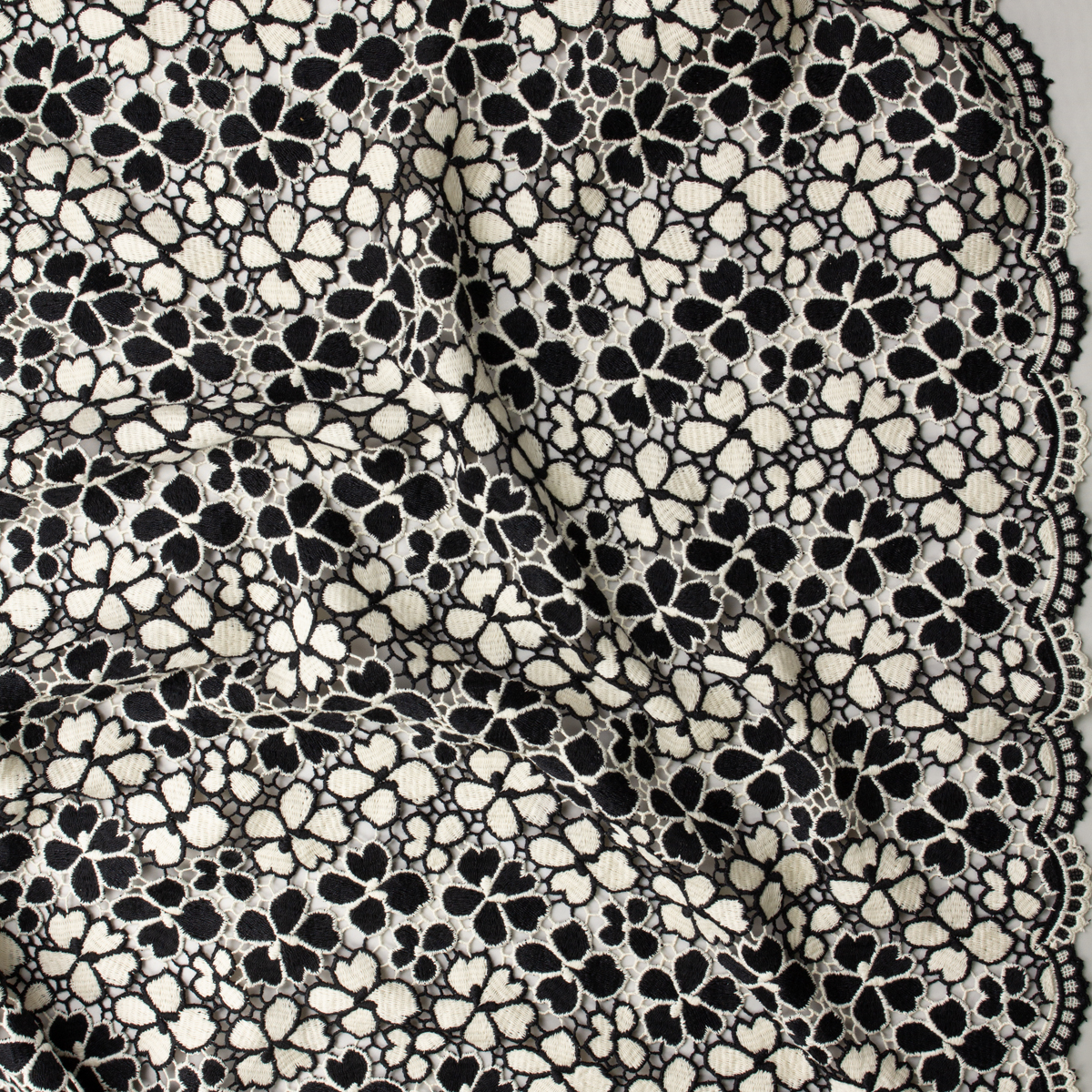 Black and Ivory Two Tone Floral Cotton Guipure Lace #32401 Fabric By The Yard - Wide shot