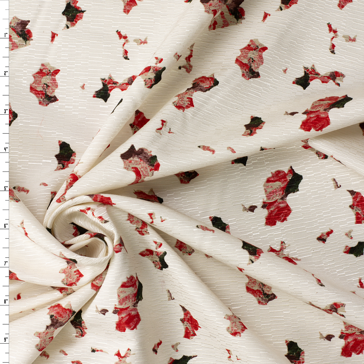 Red, Wine, and Black Abstract Floral on Ivory Silk/Viscose Jaquard #32402 Fabric By The Yard