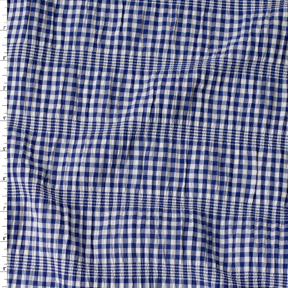 Blue and White Gingham Gathered Stretch Seersucker #32505 Fabric By The Yard