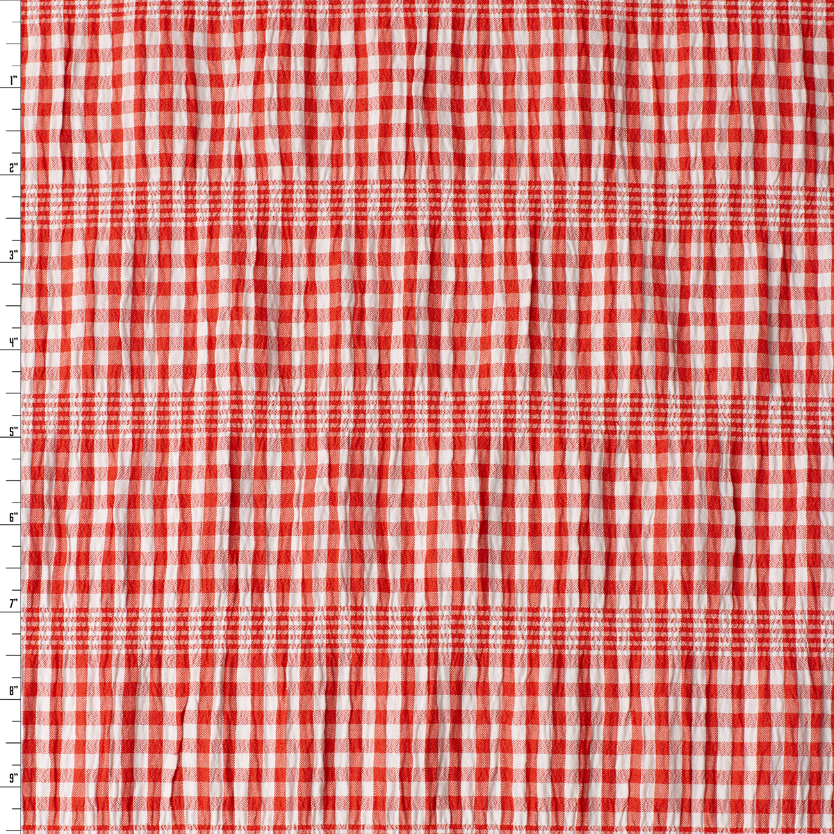 Red and White Gingham Gathered Stretch Seersucker #32506 Fabric By The Yard