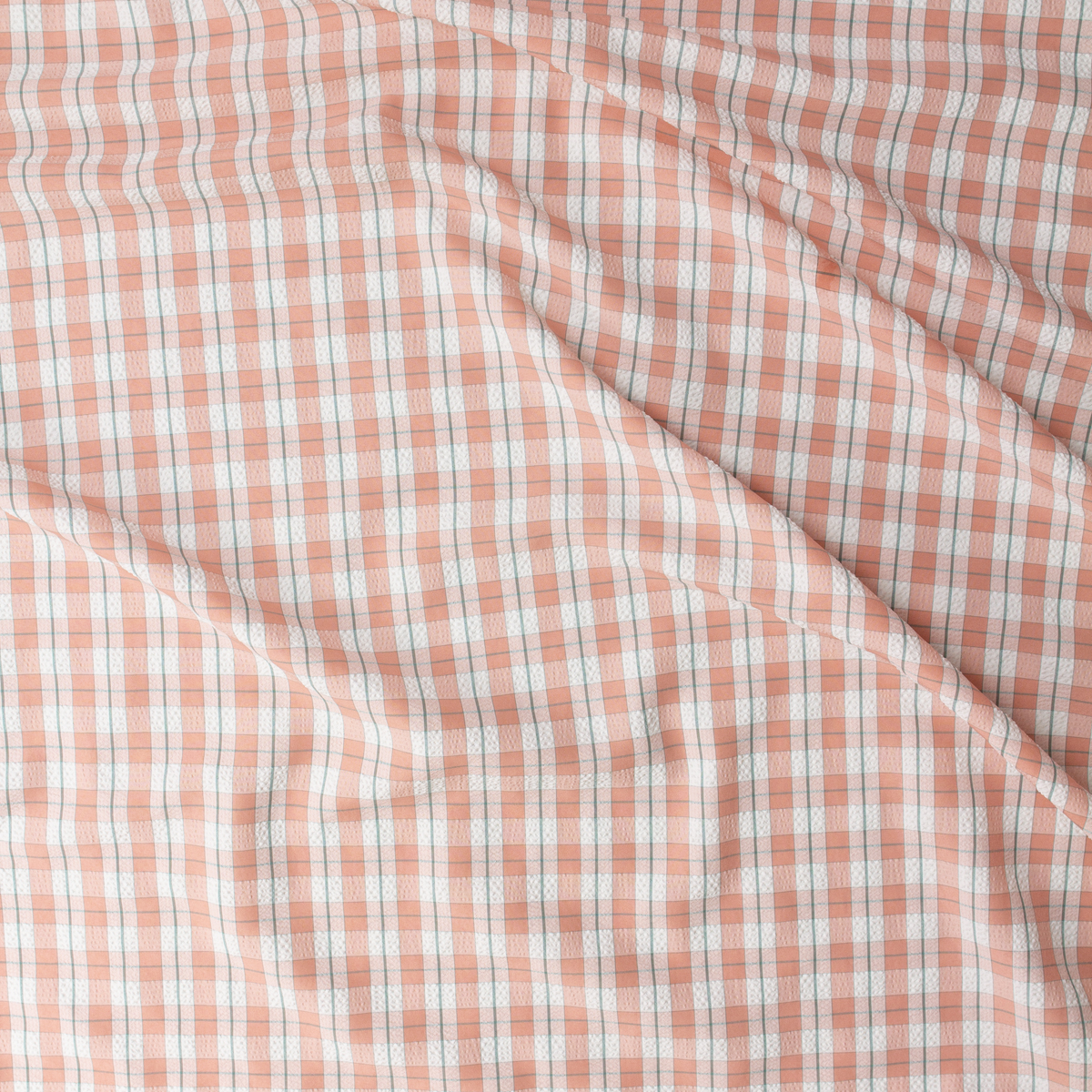 Salmon, Pink, and Emerald Plaid Seersucker #32508 Fabric By The Yard - Wide shot