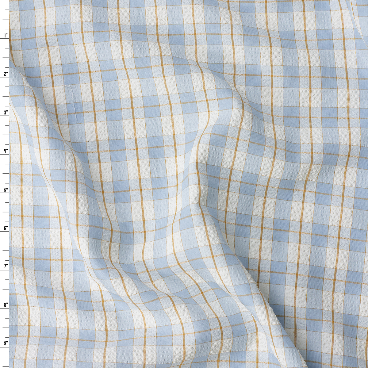 Sky Blue, Offwhite, and Caramel Plaid Seersucker #32509 Fabric By The Yard