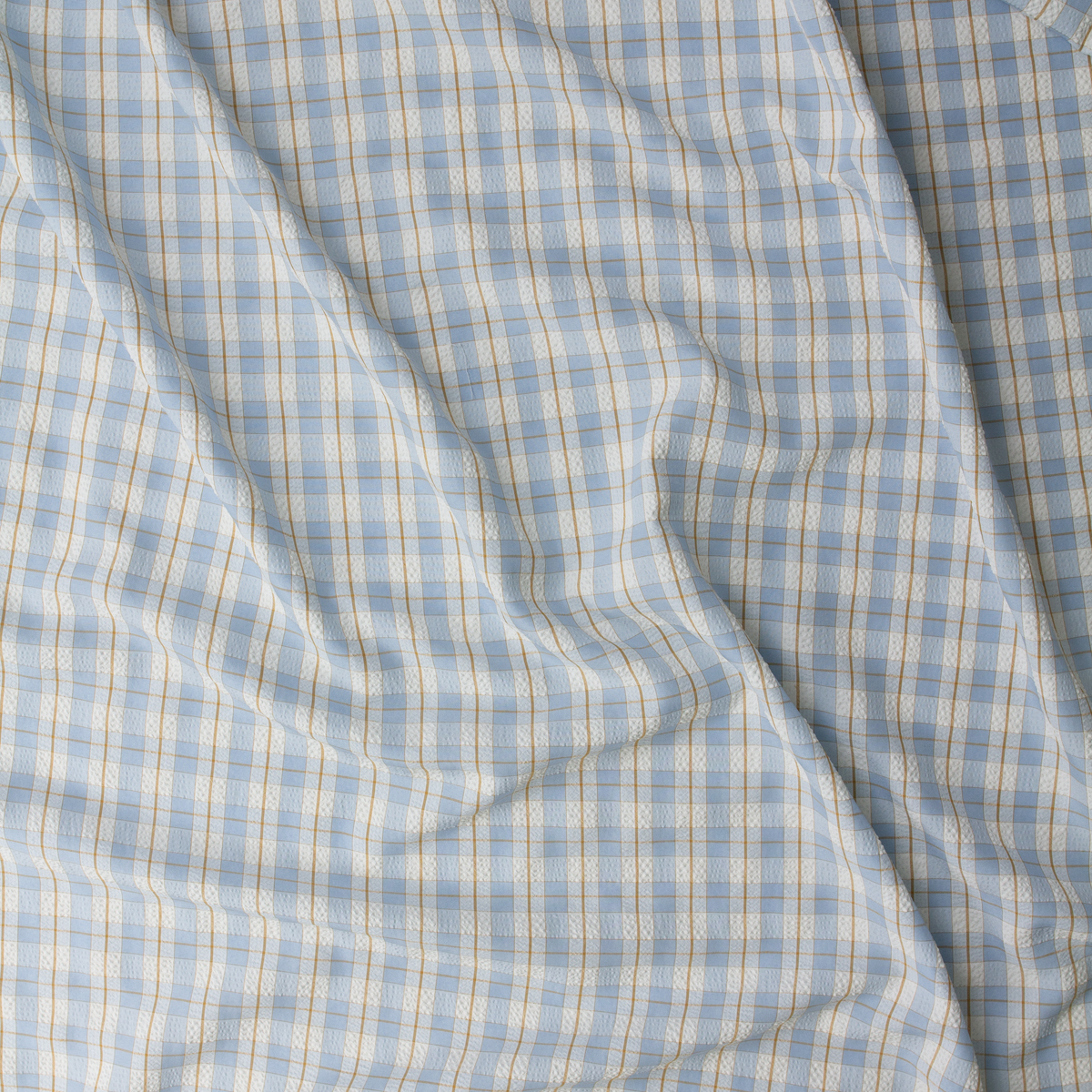Sky Blue, Offwhite, and Caramel Plaid Seersucker #32509 Fabric By The Yard - Wide shot