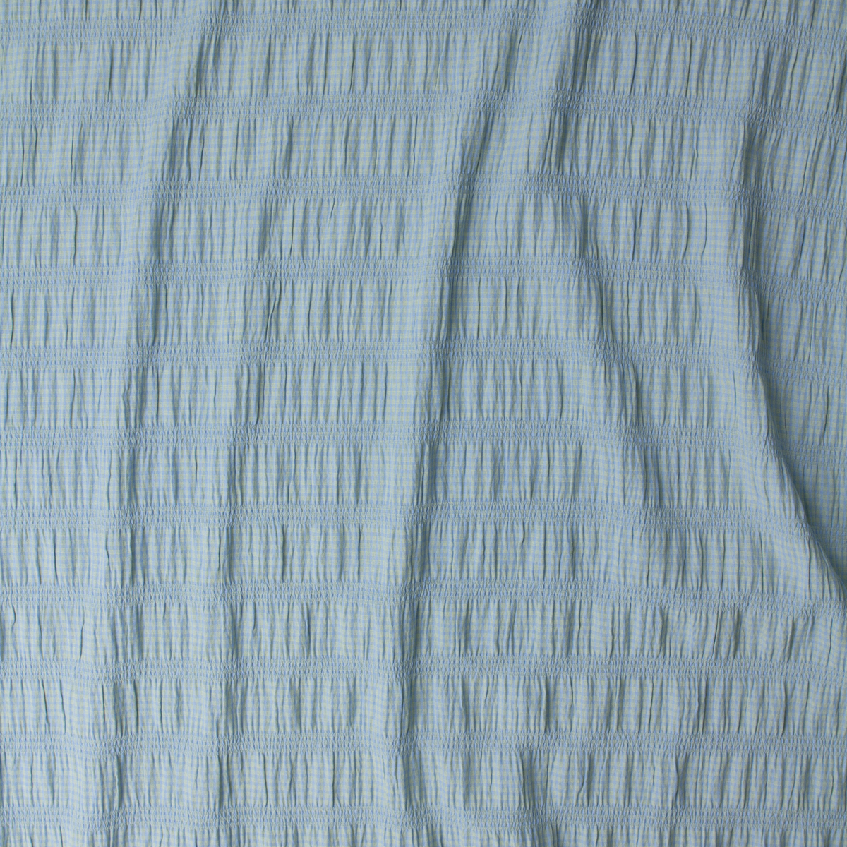 Sky and Mint Mini Check Gathered Stretch Seersucker #32512 Fabric By The Yard - Wide shot