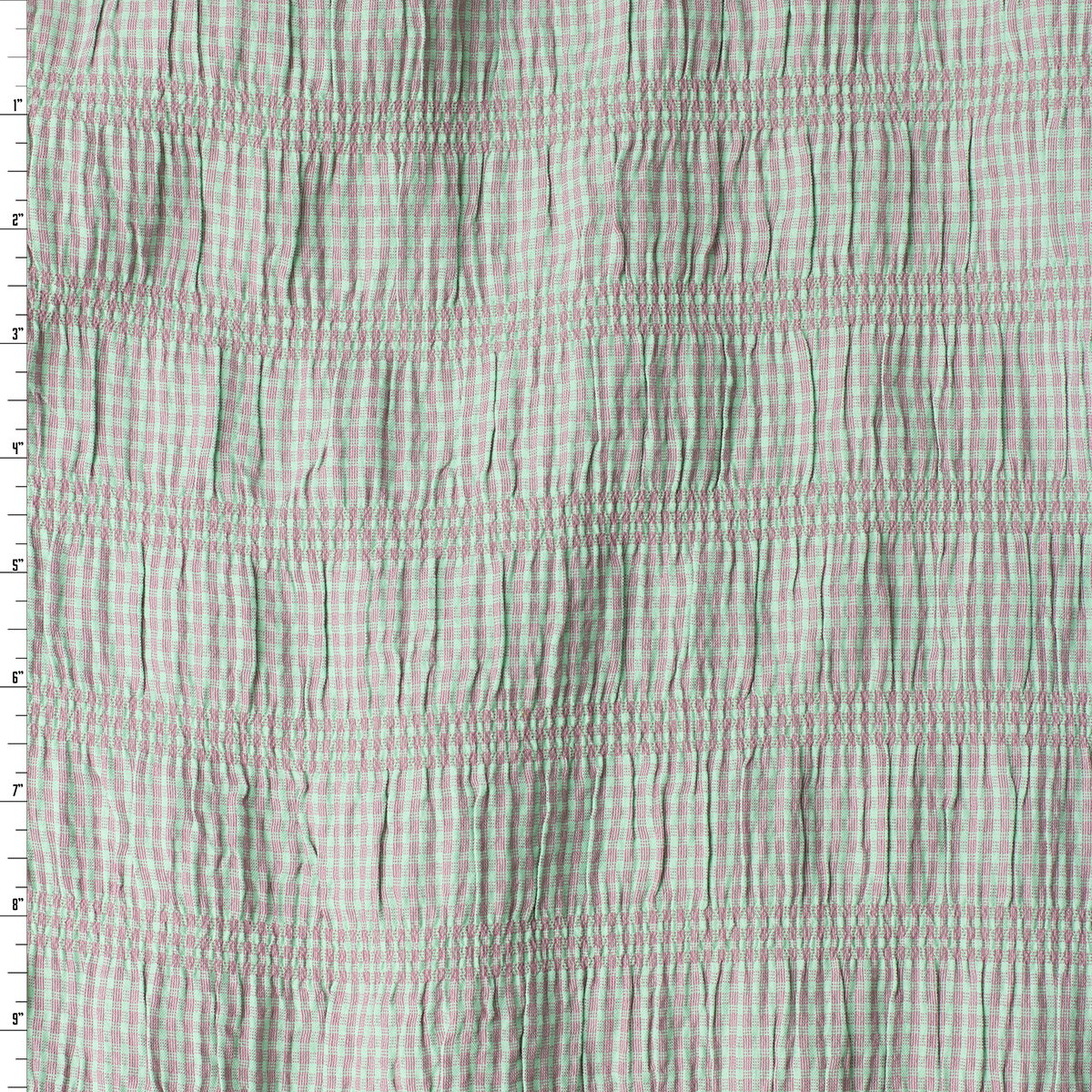 Mint and Pink Mini Check Gathered Stretch Seersucker #32513 Fabric By The Yard