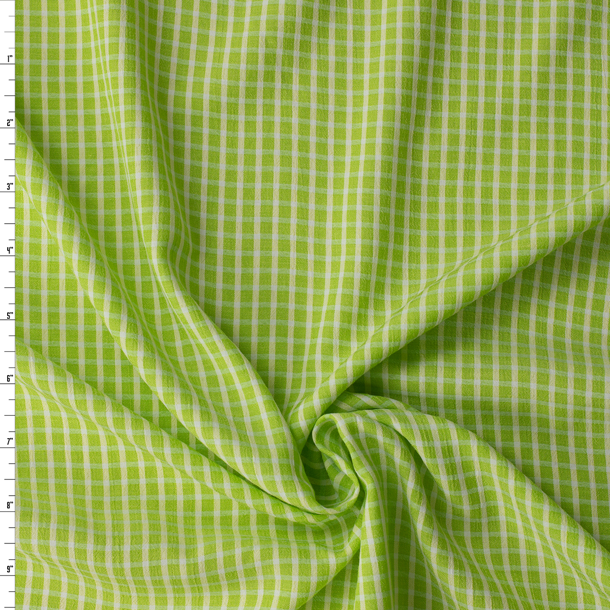 White and Lime Grid Check Poly/Rayon Seersucker #32521 Fabric By The Yard