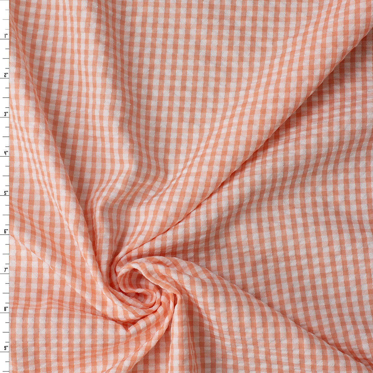 Coral and White Gingham Poly/Rayon Seersucker #32526 Fabric By The Yard