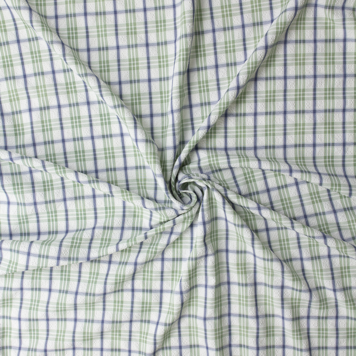 Sage, Navy, and White Plaid Poly/Rayon Seersucker #32527 Fabric By The Yard - Wide shot