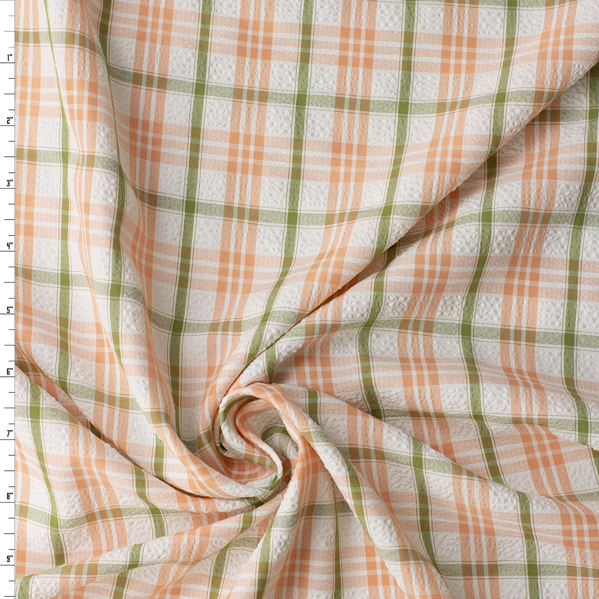 Coral, Olive, and White Plaid Poly/Rayon Seersucker #32528 Fabric By The Yard