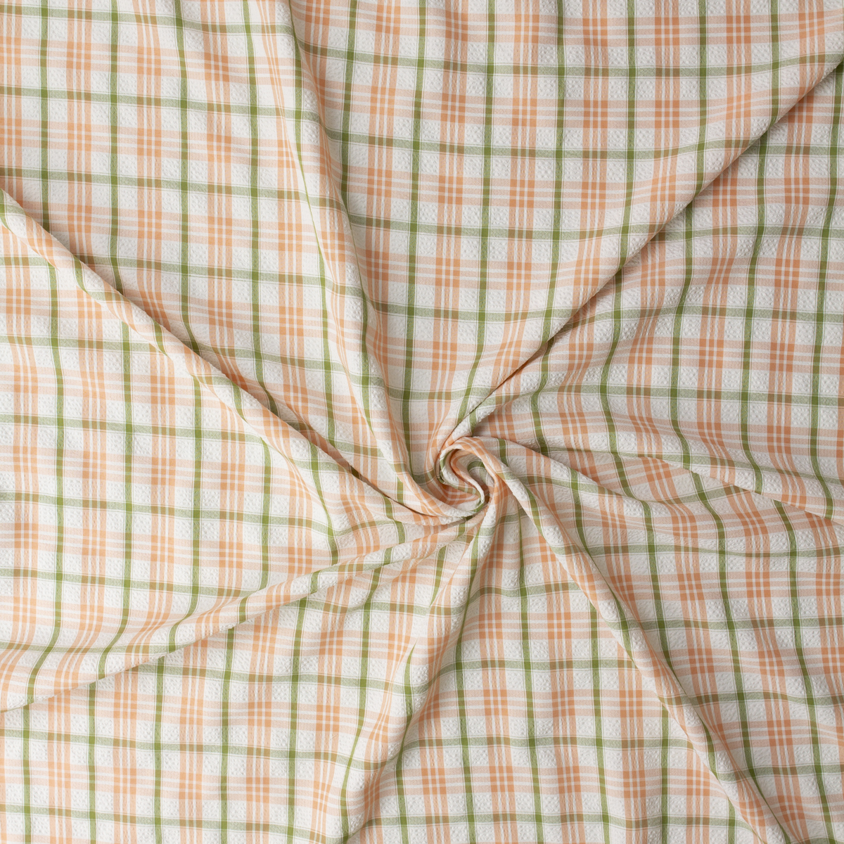 Coral, Olive, and White Plaid Poly/Rayon Seersucker #32528 Fabric By The Yard - Wide shot
