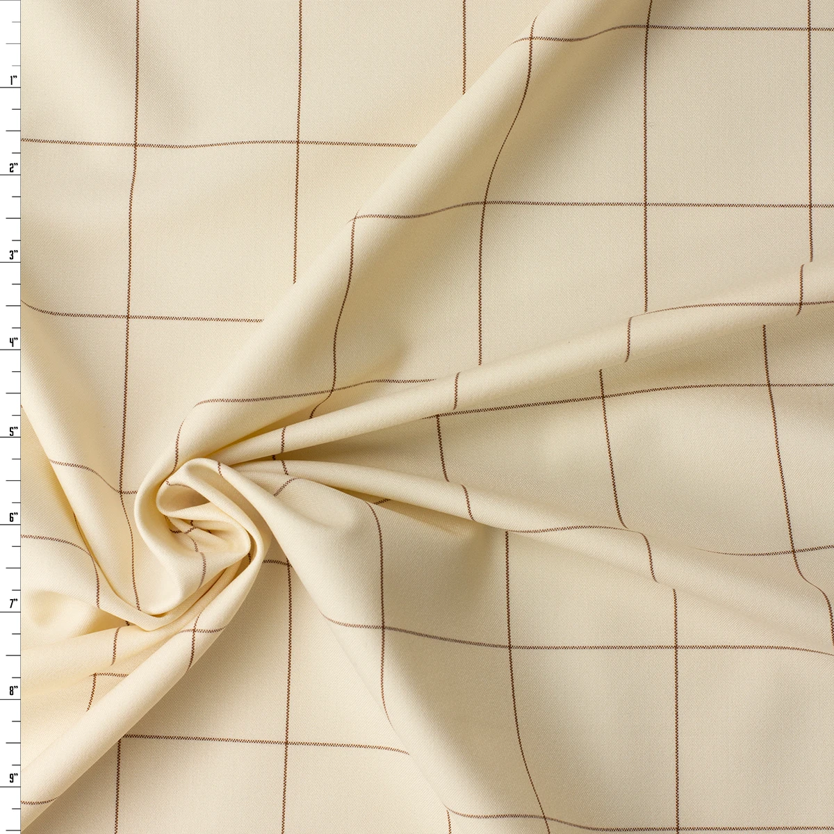 Brown on Ivory Windowpane Check Stretch Viscose/Polyester Suiting #32539 Fabric By The Yard