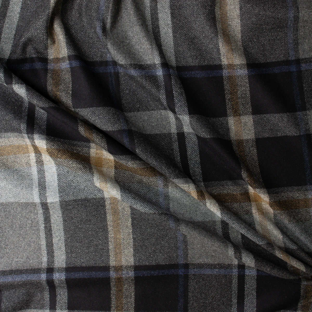 Tan, Grey, and Black Oversized Plaid Brushed Wool Blend Melton #32545 Fabric By The Yard - Wide shot