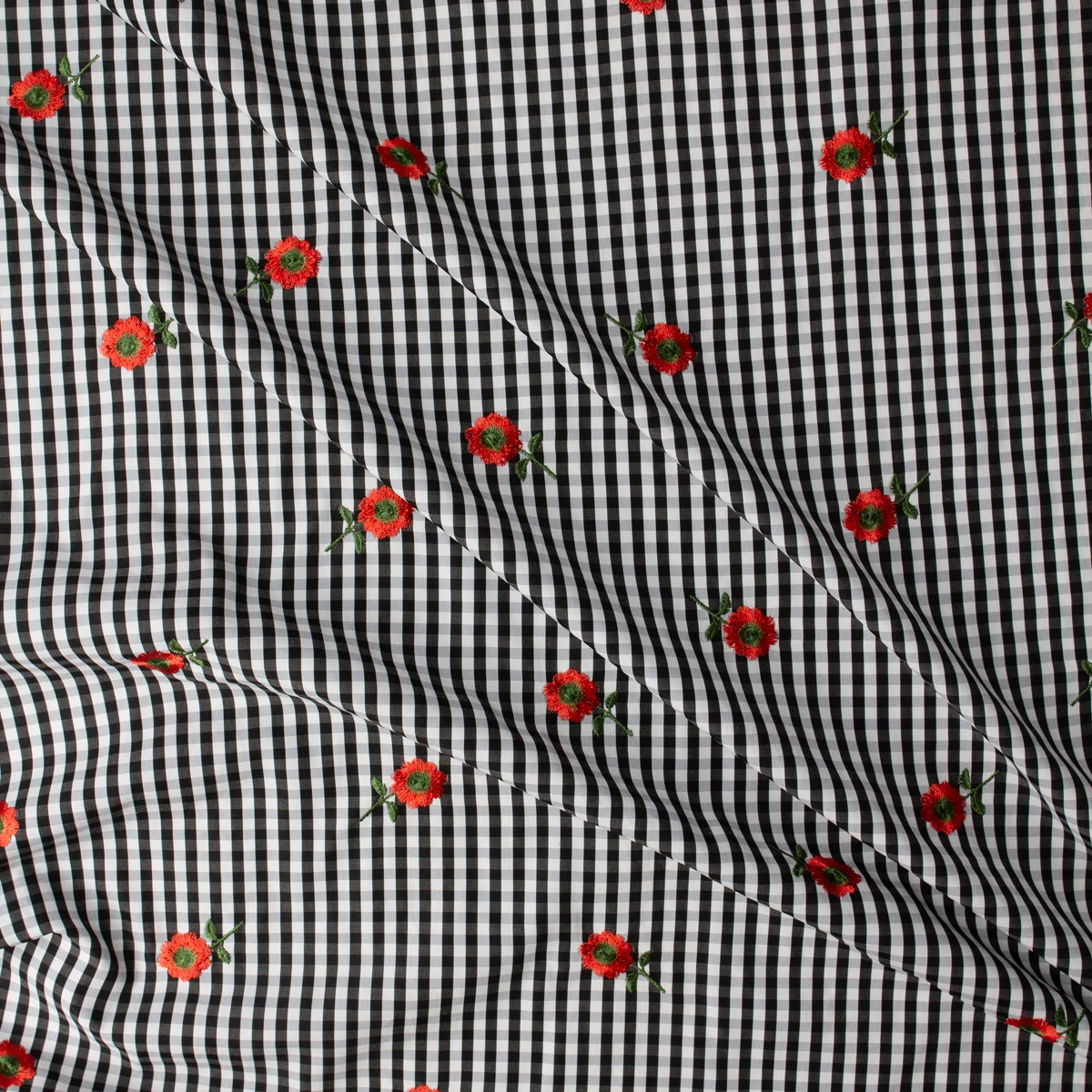 Red Flowers on Black and White Gingham Embroidered Polyester Poplin #32563 Fabric By The Yard - Wide shot