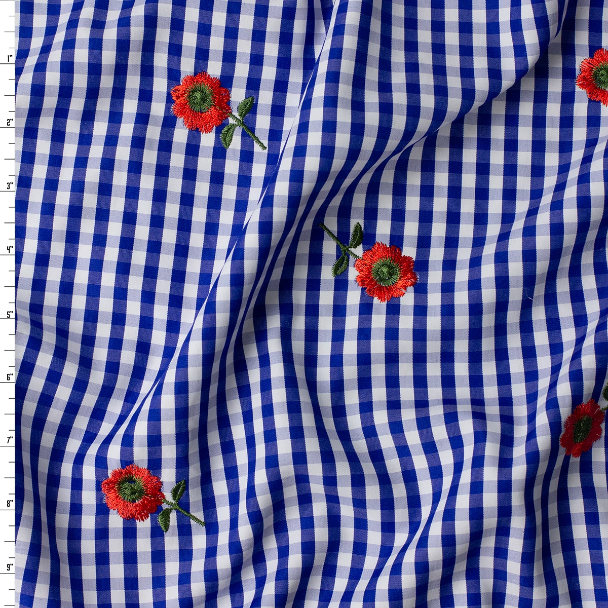 Red Flowers on Blue and White Gingham Embroidered Polyester Poplin #32564 Fabric By The Yard