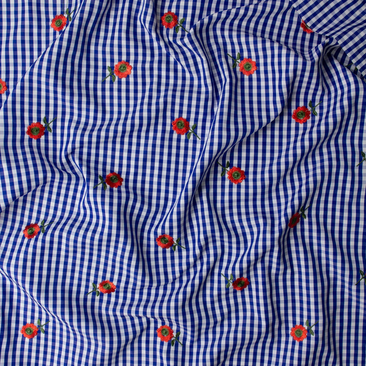 Red Flowers on Blue and White Gingham Embroidered Polyester Poplin #32564 Fabric By The Yard - Wide shot