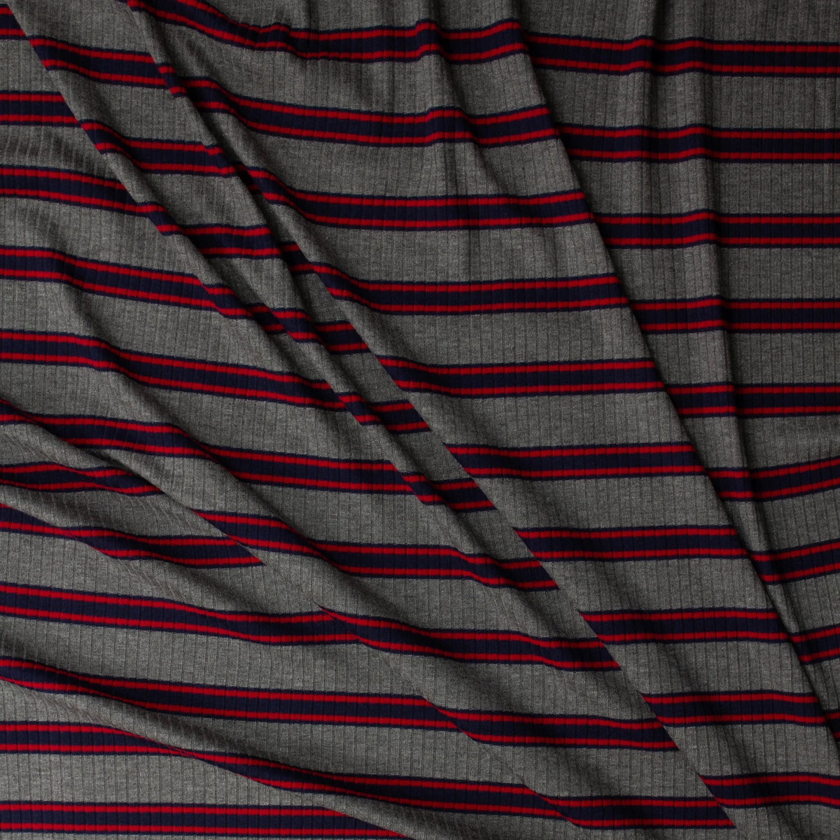 Navy and Red Stripe on Charcoal Stretch Viscose Wide Rib Knit #32572 Fabric By The Yard - Wide shot