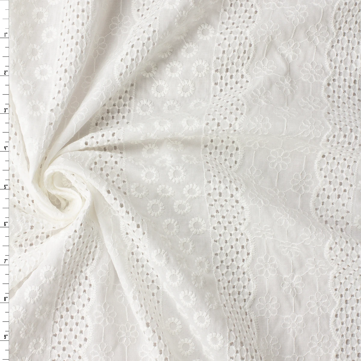 White Banded Floral Eyelet Italian Embroidered Cotton Lawn #32582 Fabric By The Yard