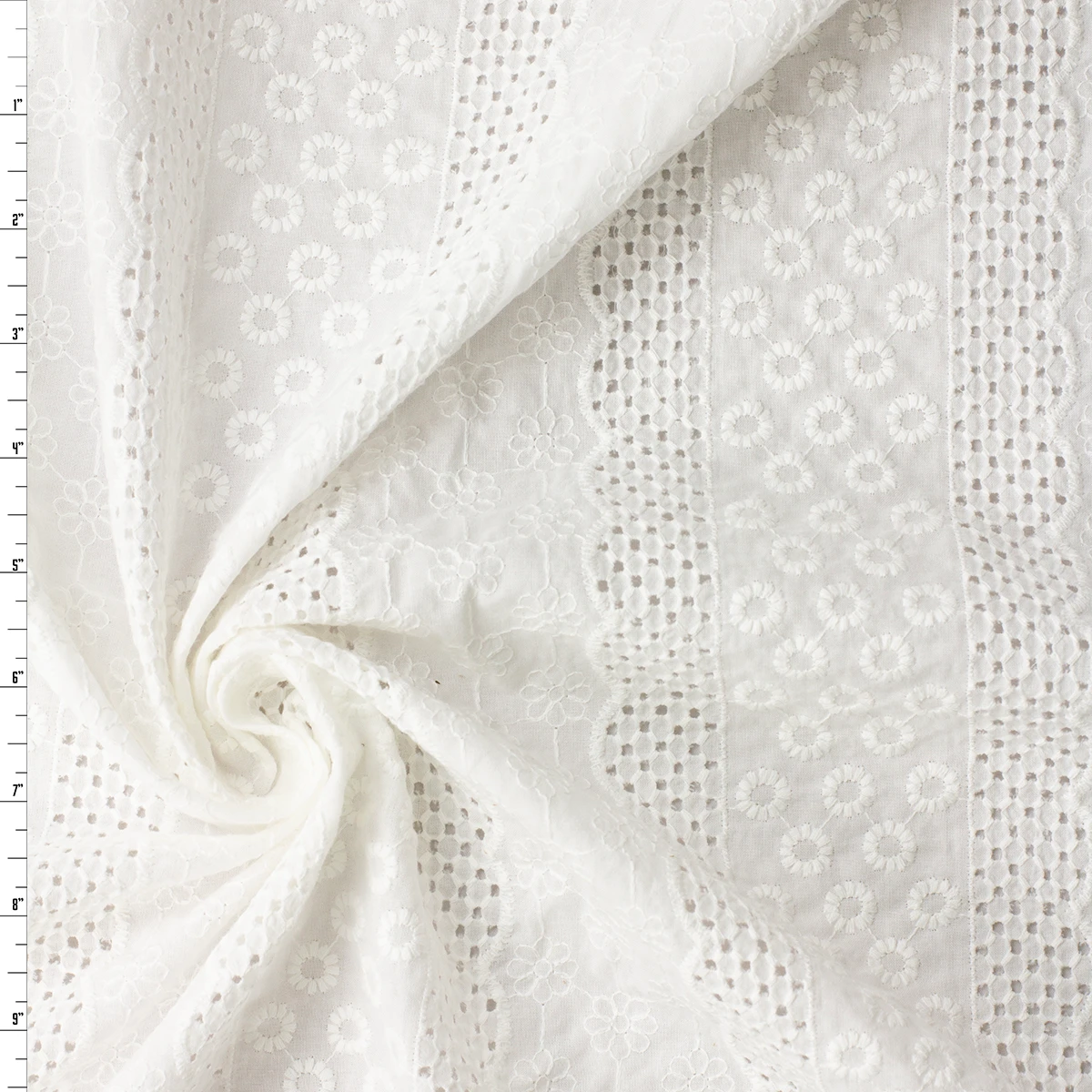 White Banded Floral Eyelet Italian Embroidered Cotton Lawn #32583 Fabric By The Yard
