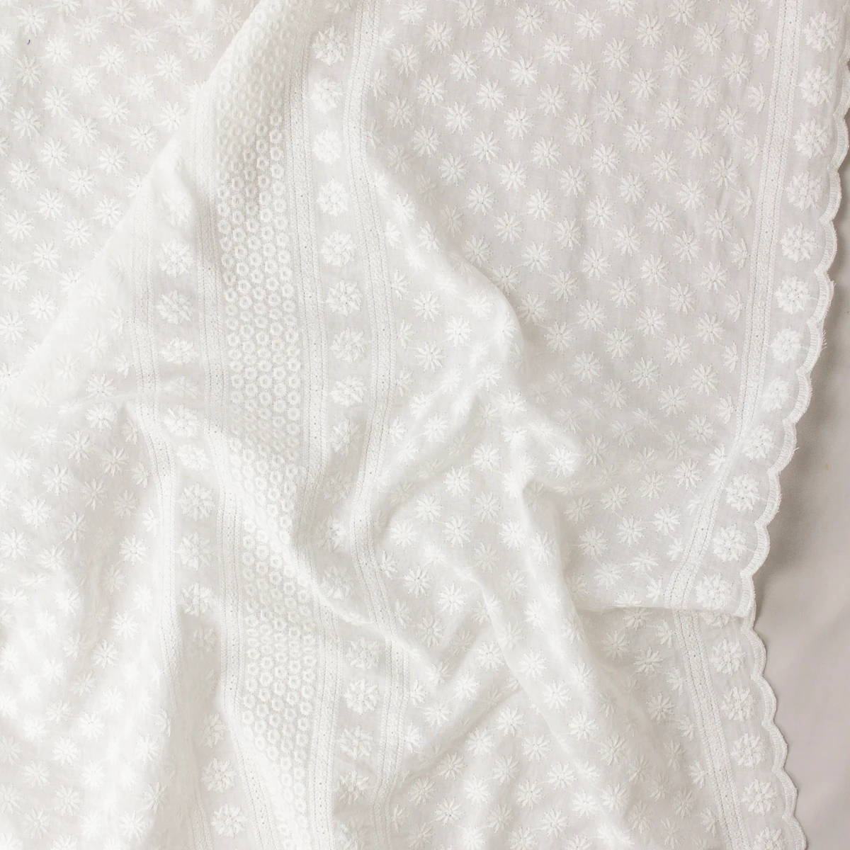 White Banded Floral Scalloped Edged Italian Embroidered Cotton Lawn #32588 Fabric By The Yard - Wide shot