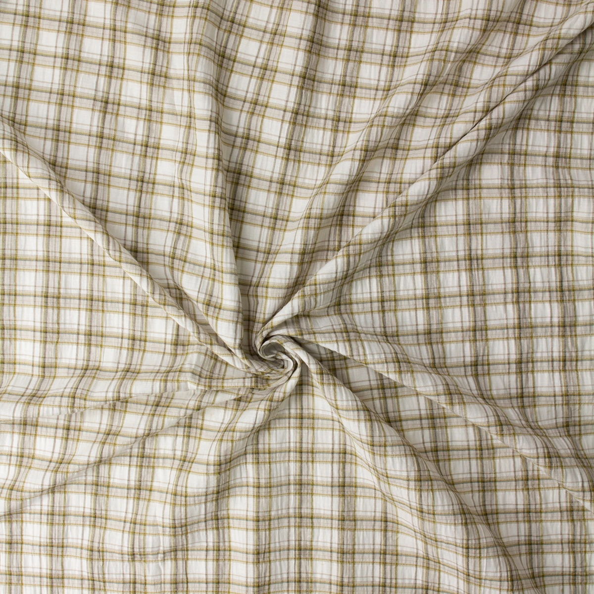 Tan, Olive, and Ivory Plaid Italian Cotton Seersucker #32604 Fabric By The Yard - Wide shot