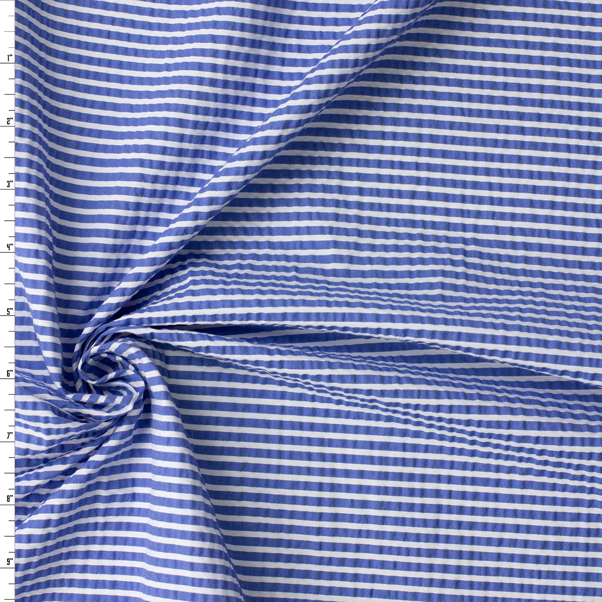 White on Blue Horizontal Stripe Italian Cotton Seersucker #32606 Fabric By The Yard