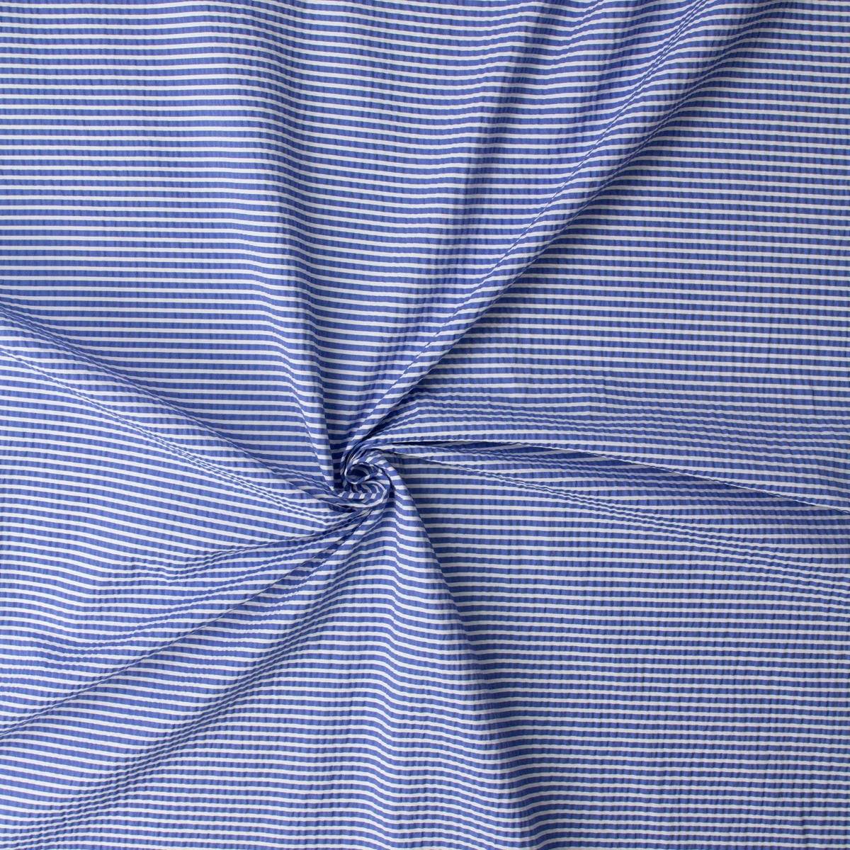 White on Blue Horizontal Stripe Italian Cotton Seersucker #32606 Fabric By The Yard - Wide shot