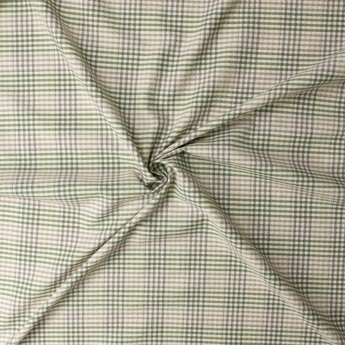 Olive, Taupe, Tan, and Ivory Multi Plaid Italian Cotton Seersucker #32609 Fabric By The Yard - Wide shot