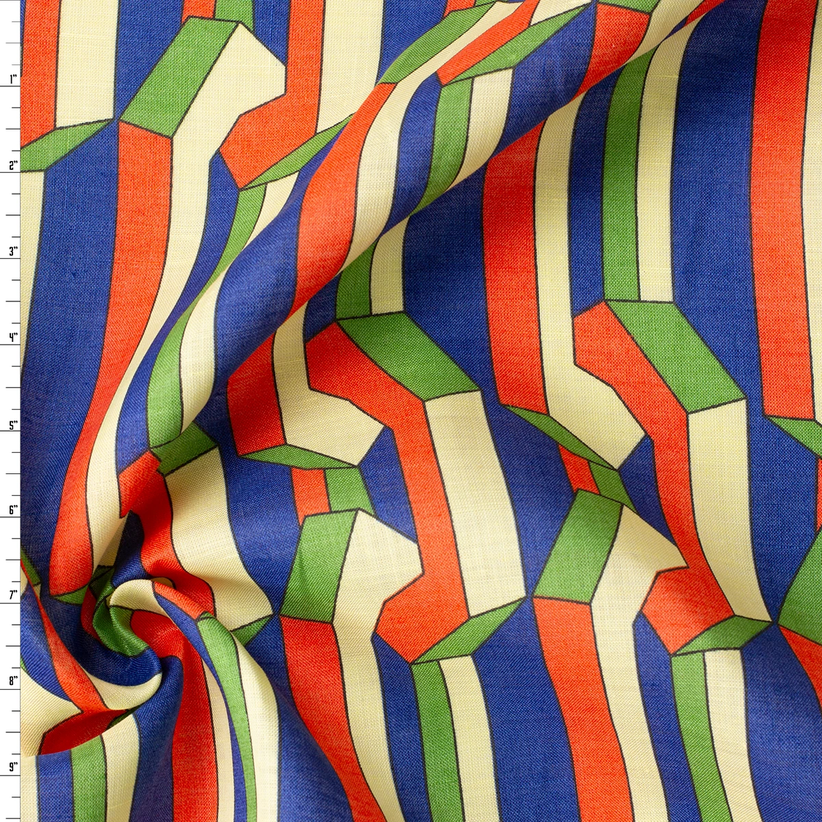 Royal, Butter, Red Orange, and Avocado Geo Chain Japanese Linen #32623 Fabric By The Yard