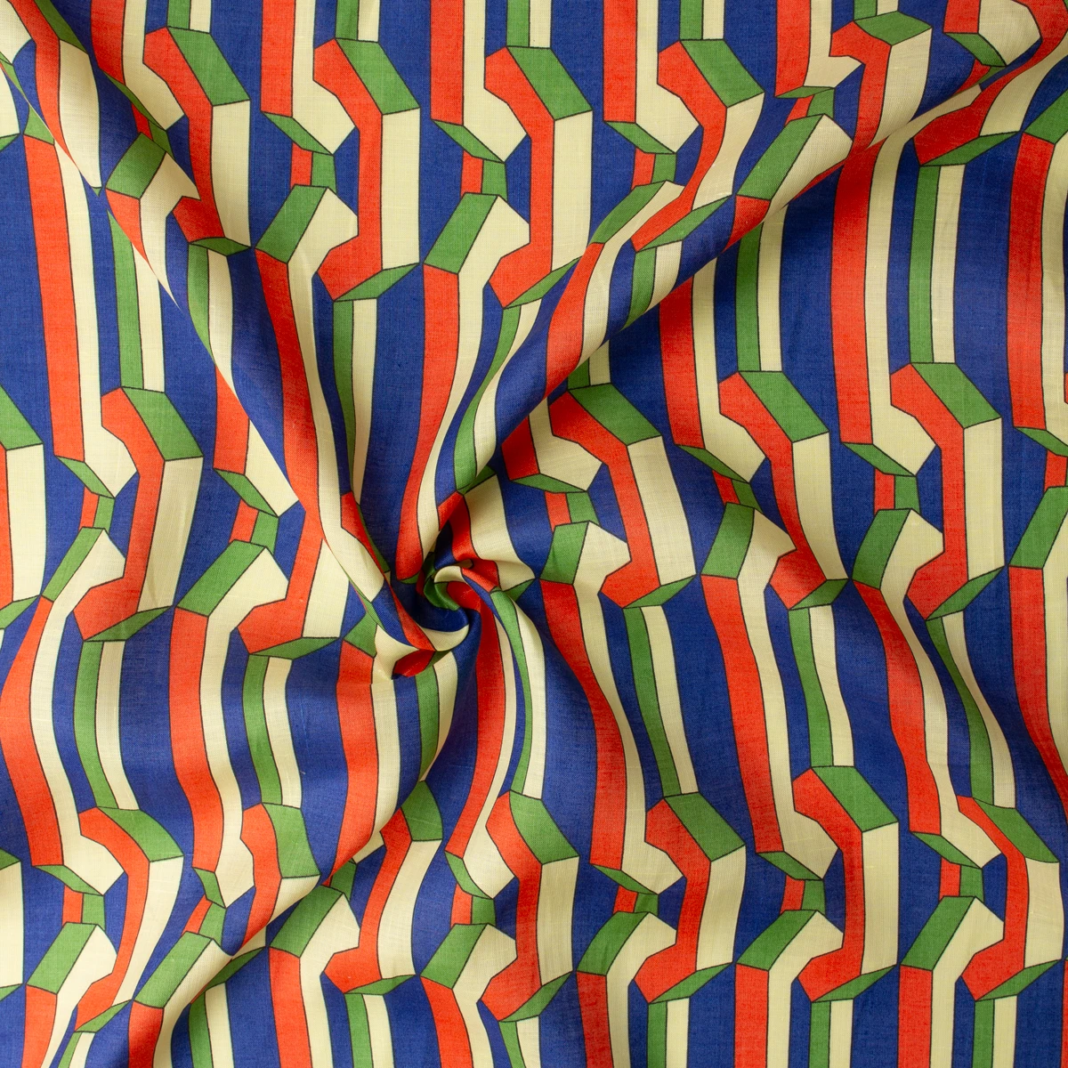 Royal, Butter, Red Orange, and Avocado Geo Chain Japanese Linen #32623 Fabric By The Yard - Wide shot